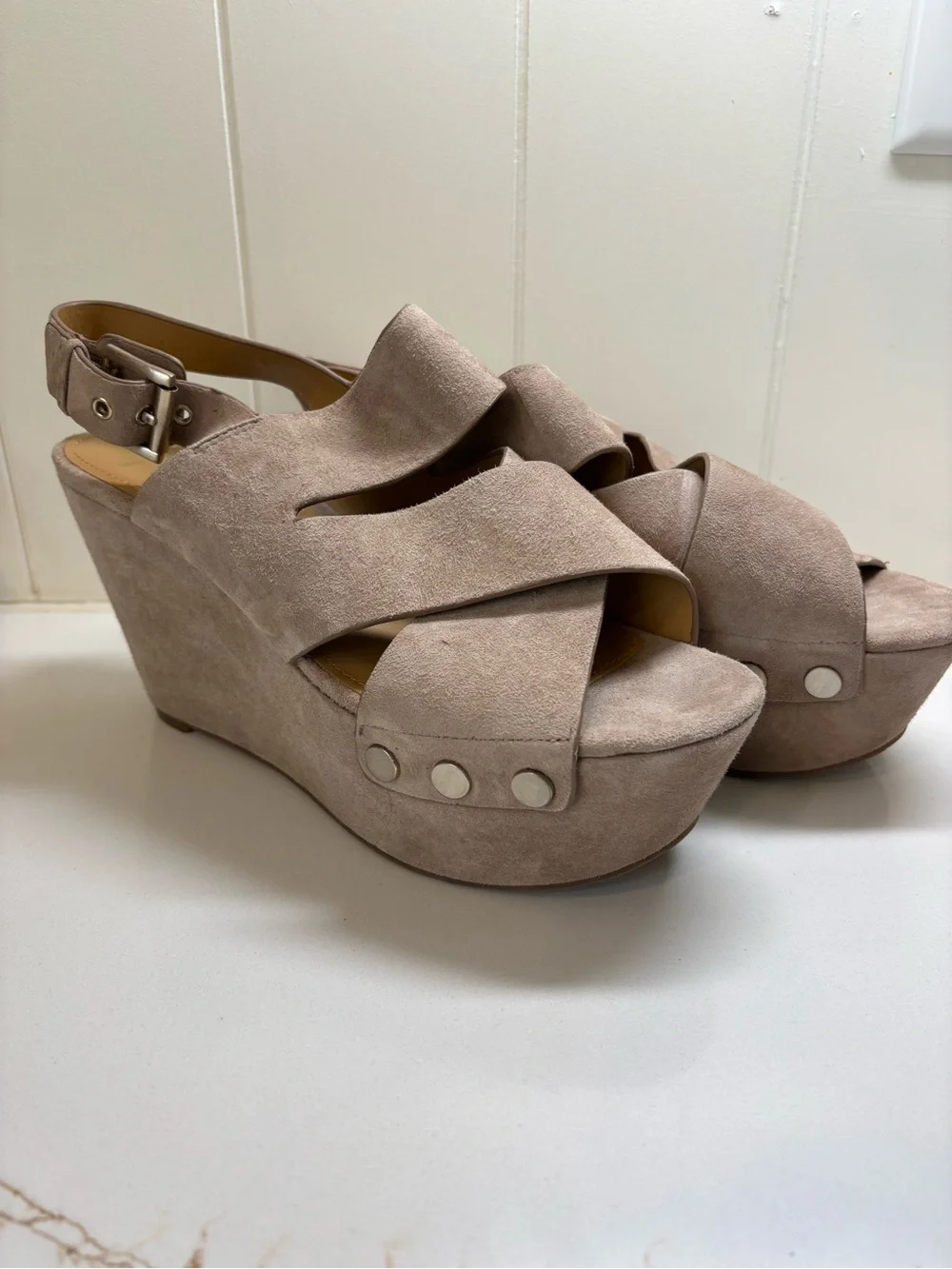 Marc Fisher Blush Taupe Suede Crisscross Platform Wedges
